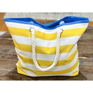 CLINIQUE Canvas Beach Tote Bag - Yellow & White Striped/Rope Handle - Y2K -NWT